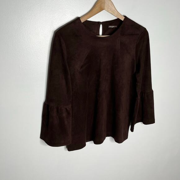 J. McLaughlin Keaton Faux Suede Top Womens Small Brown Bell Sleeve Keyhole Back - Picture 4 of 9